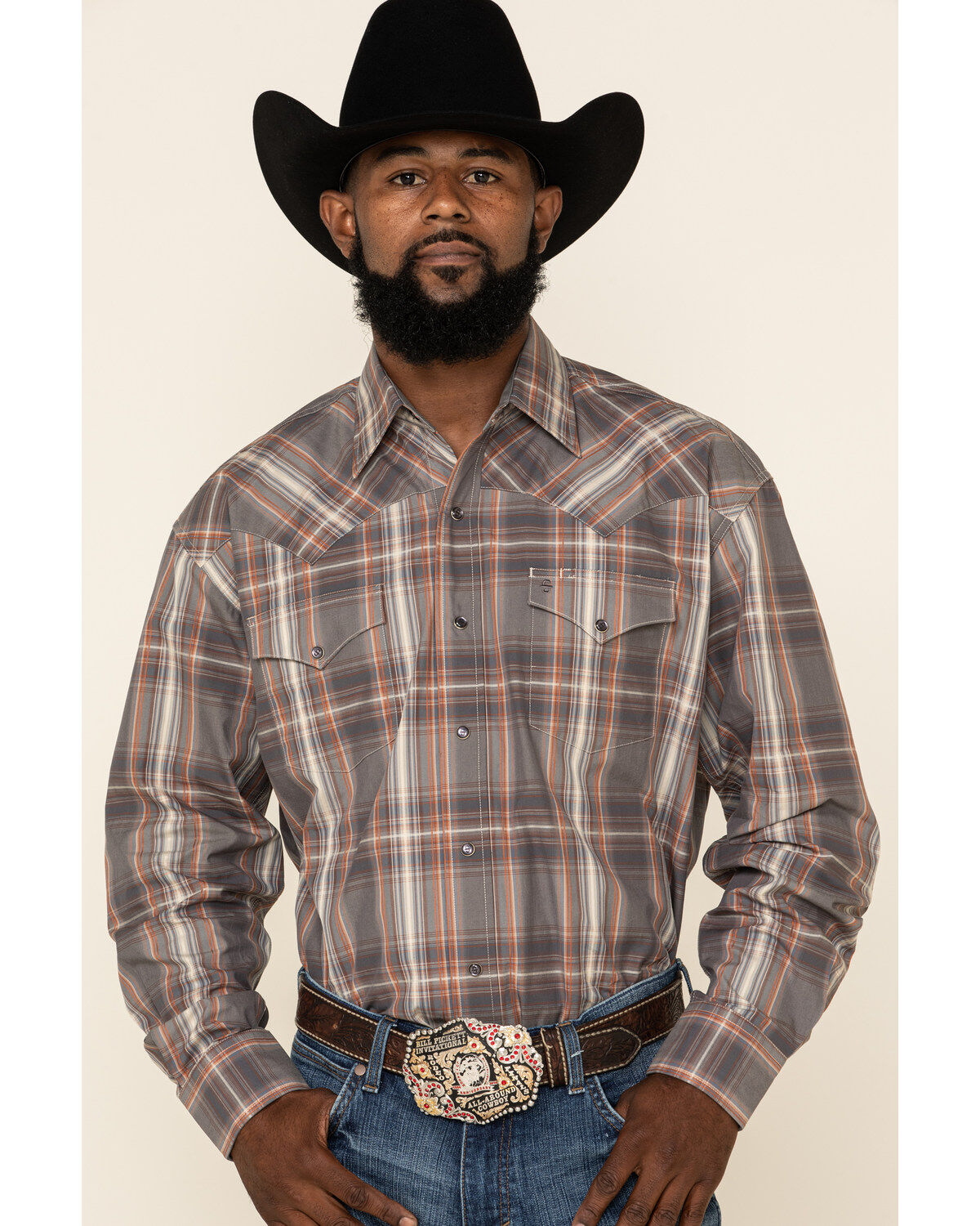 Men's Stetson Gray Adobe Large Plaid Long Sleeve Western Shirt