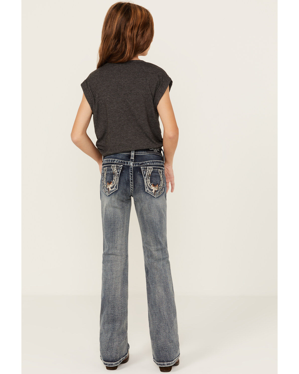 Girls' Grace in LA Medium Wash Horseshoe Embroidered Stretch Bootcut J