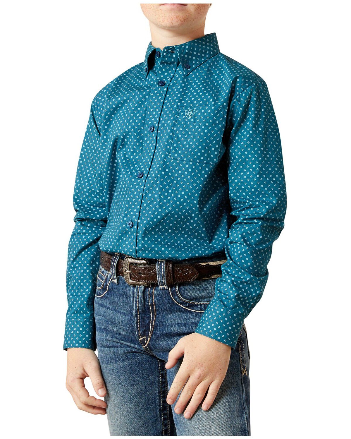 The product is a teal long sleeve shirt, which matches the color and type requested, but it is a button-down shirt rather than a stretch shirt.