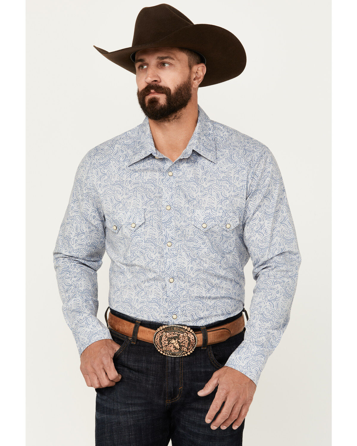 Men's Rock & Roll Denim Paisley Pinstriped Print Long Sleeve Snap Stre