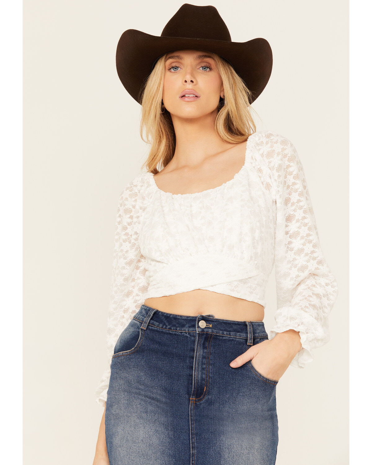 Women's Beyond The Radar Floral Lace Tie Back Long Sleeve Top
