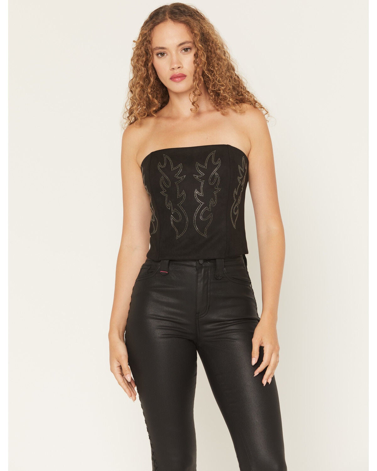 Originality Women’s Strapless Faux Suede Corset Top in Black – Cropped Boot Stitch Rhinestone Bustier, Size Small