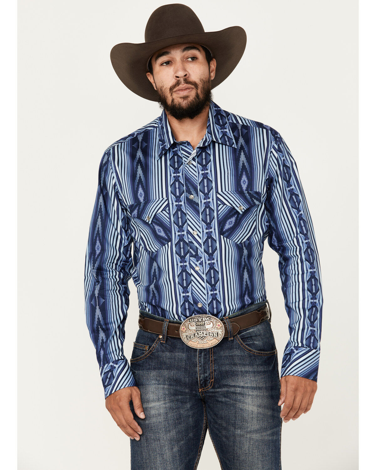 Men's Rock & Roll Denim Southwestern Striped Print Long Sleeve Snap St