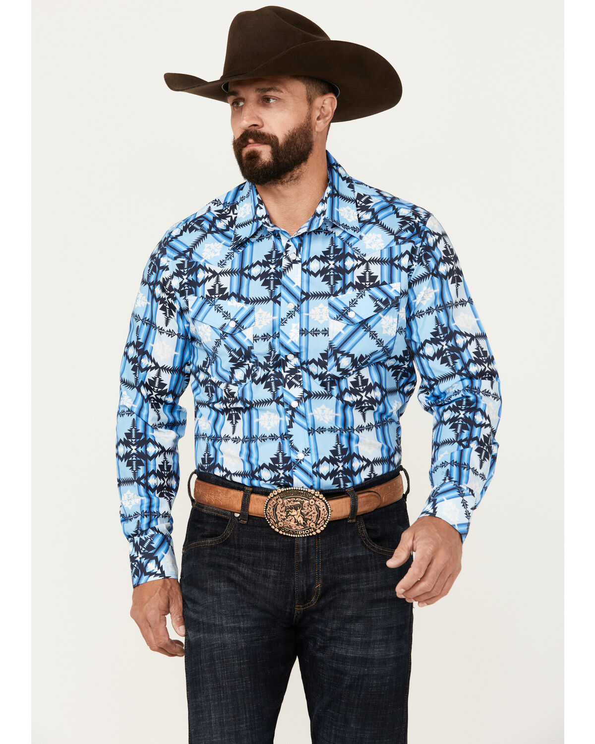 Men's Rock & Roll Denim Southwestern Print Vintage Long Sleeve Pearl S