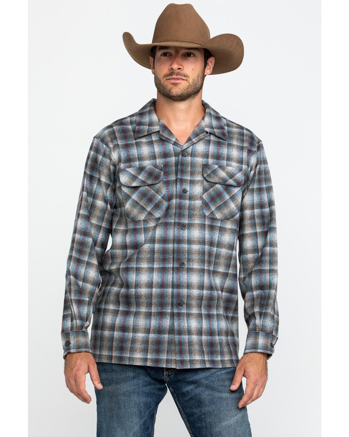 Men's Pendleton Gray Board Oxford Plaid Long Sleeve Western Shirt