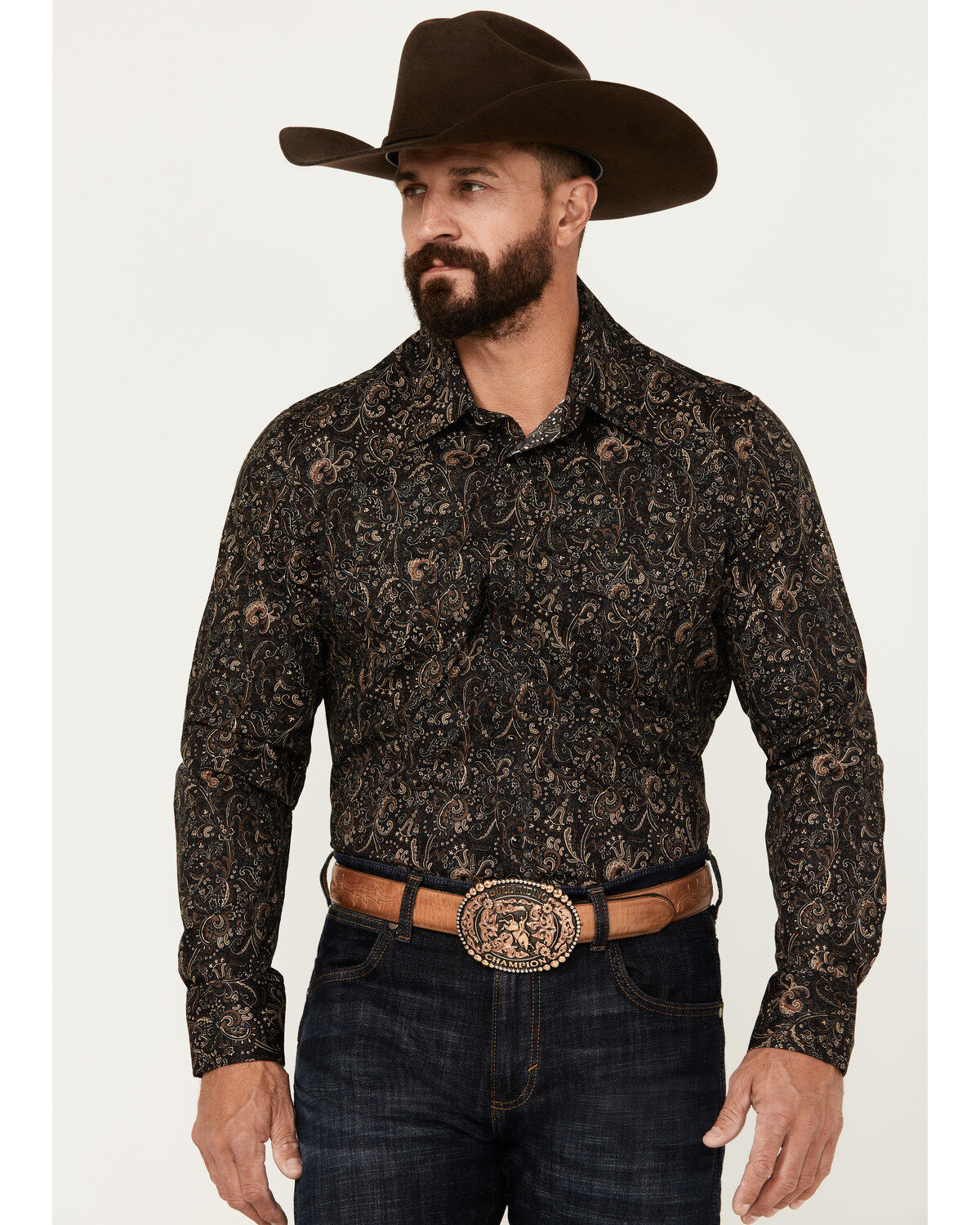 Men's Rock & Roll Denim Paisley Print Long Sleeve Snap Stretch Western