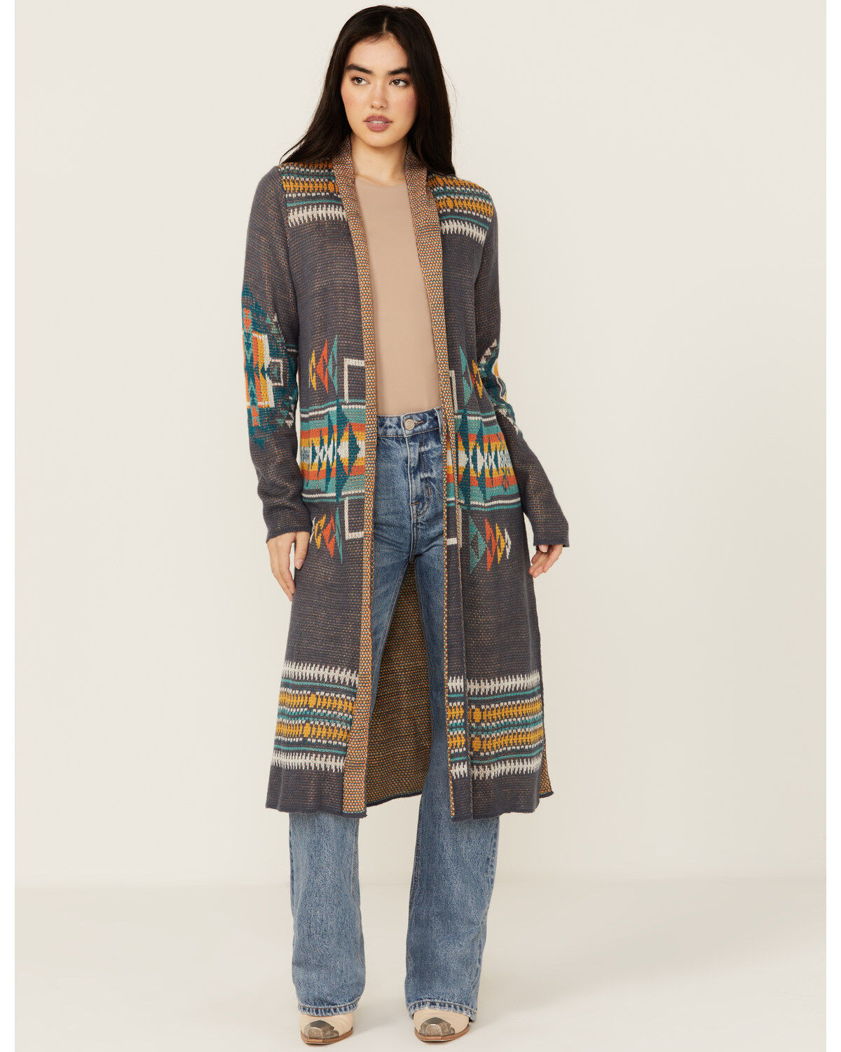 Women's Rock & Roll Denim Southwestern Print Duster Cardigan