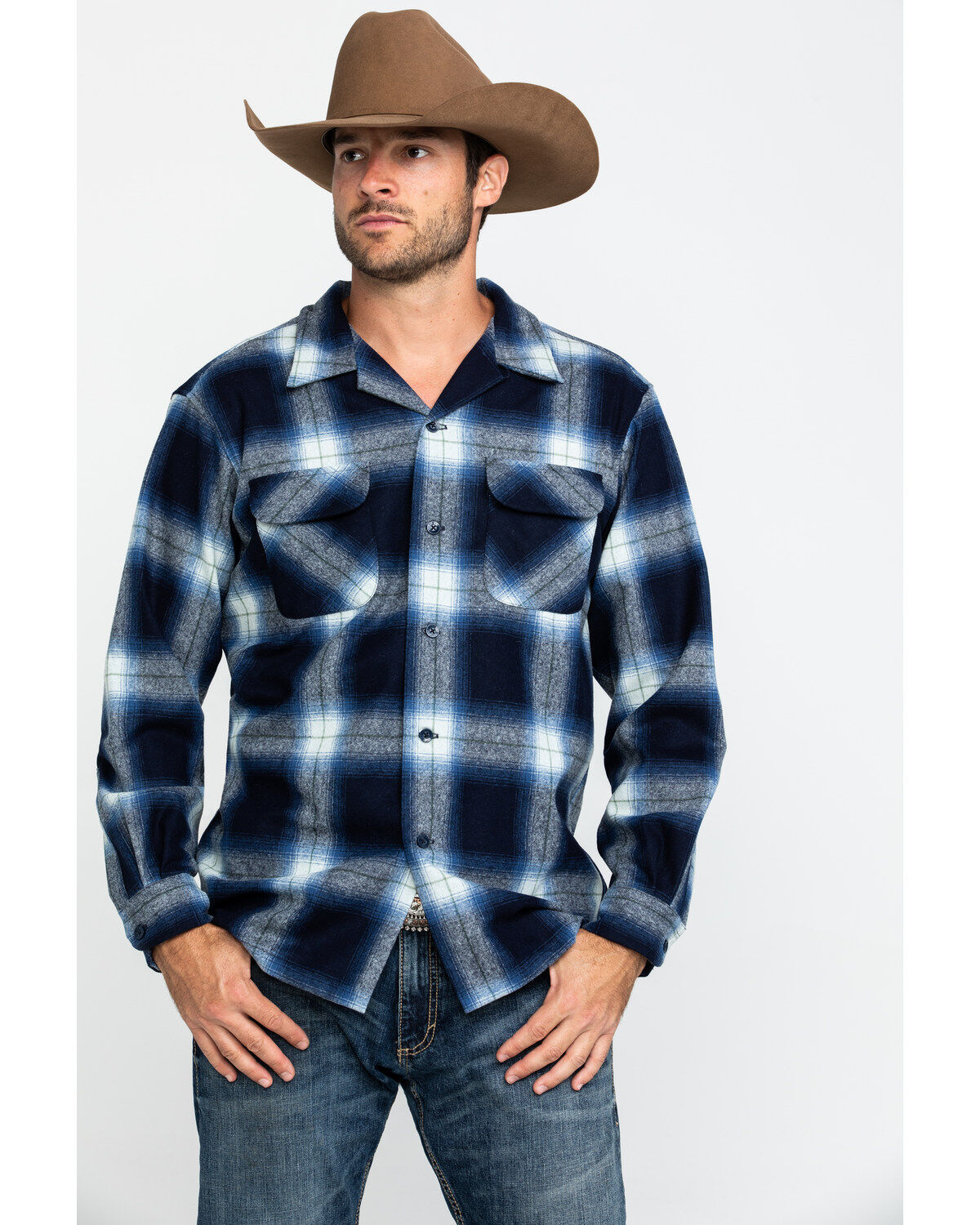 Men's Pendleton Navy Board Oxford Plaid Long Sleeve Western Shirt