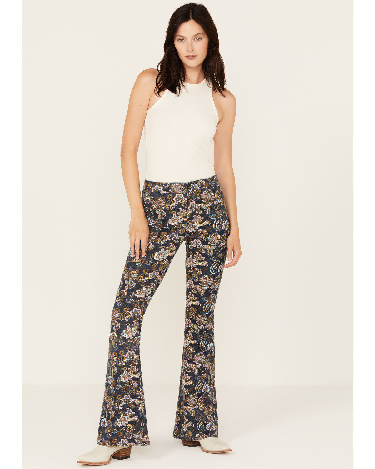 Women's Rock & Roll Denim Floral Print High Rise Button Bargain Bell F