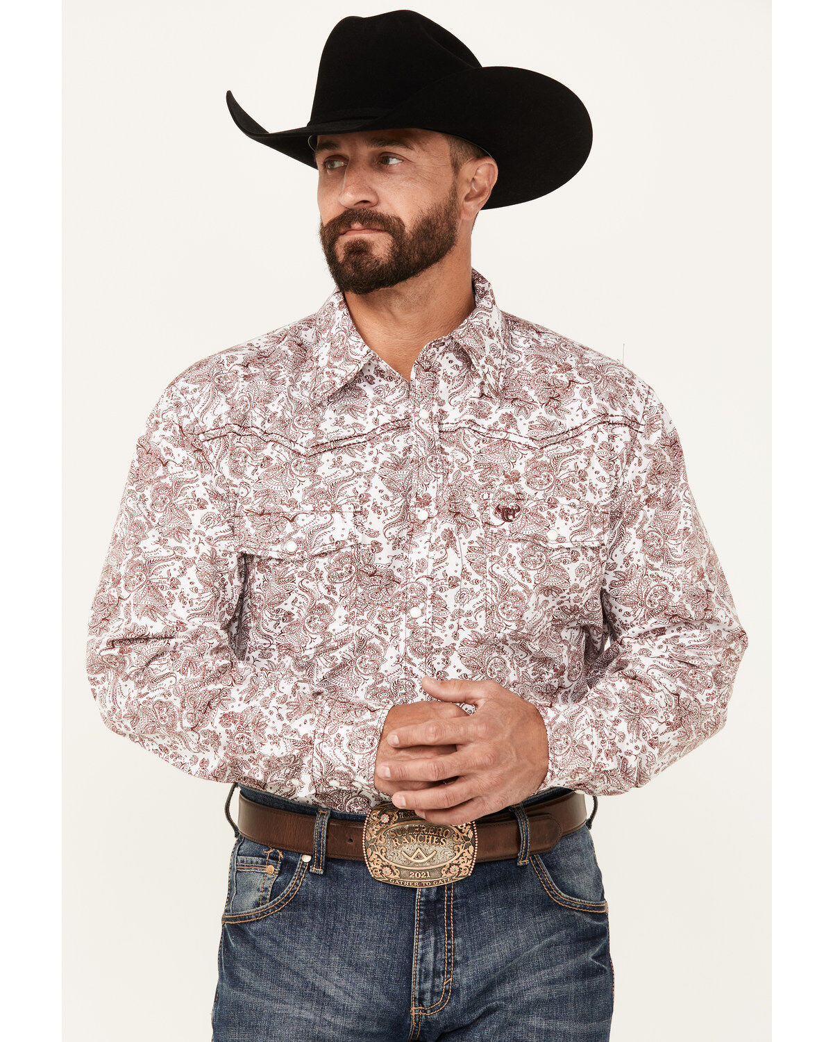 Men's Cowboy Hardware Floral Paisley Print Long Sleeve Snap Western Sh