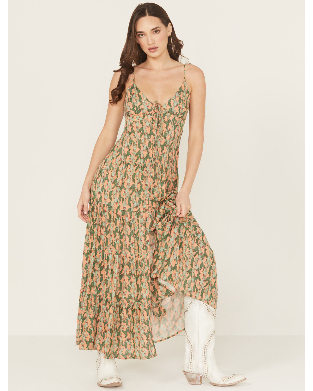 Women's Rock & Roll Denim Cactus Print Sleeveless Maxi Dress