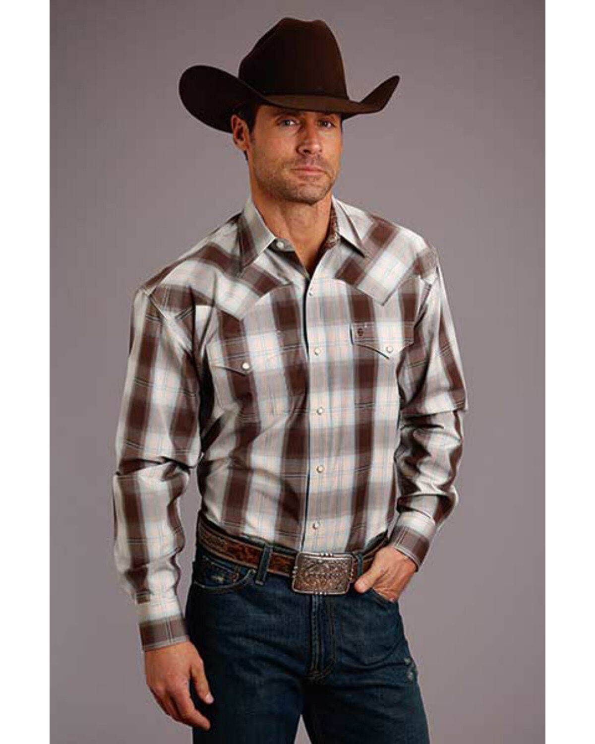 Men's Stetson Brown Ombre Plaid Long Sleeve Western Shirt