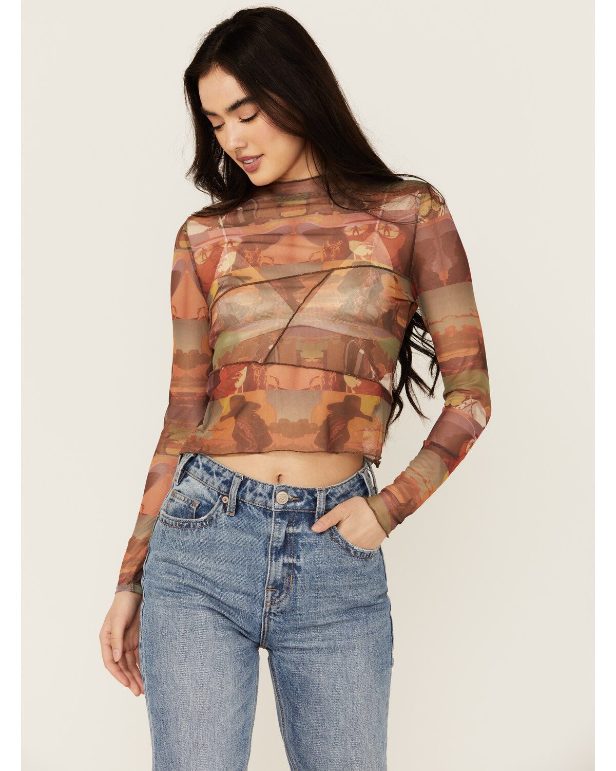 Women's Rock & Roll Denim Scenic Mesh Long Sleeve Top