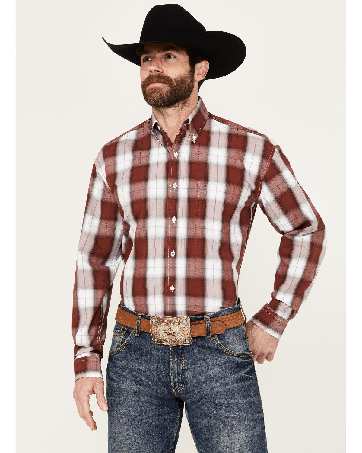 Men's Stetson Dobby Plaid Long Sleeve Button Down Western Shirt