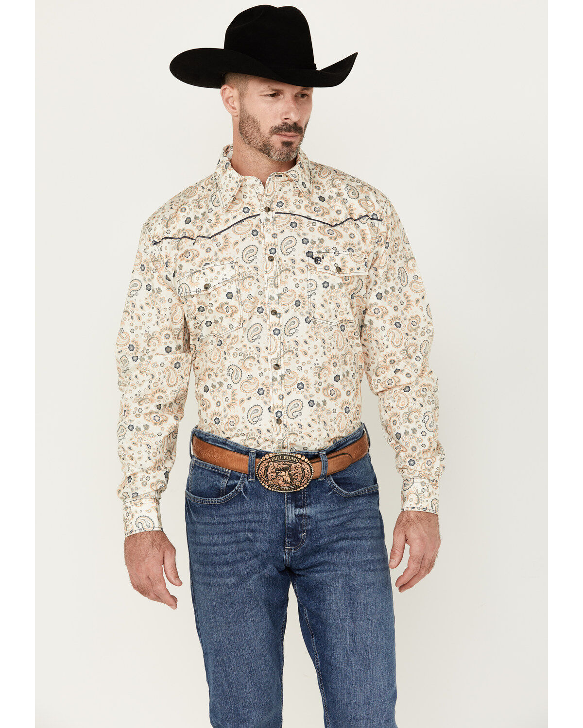 Men's Cowboy Hardware Mosaic Paisley Print Long Sleeve Snap Western Sh