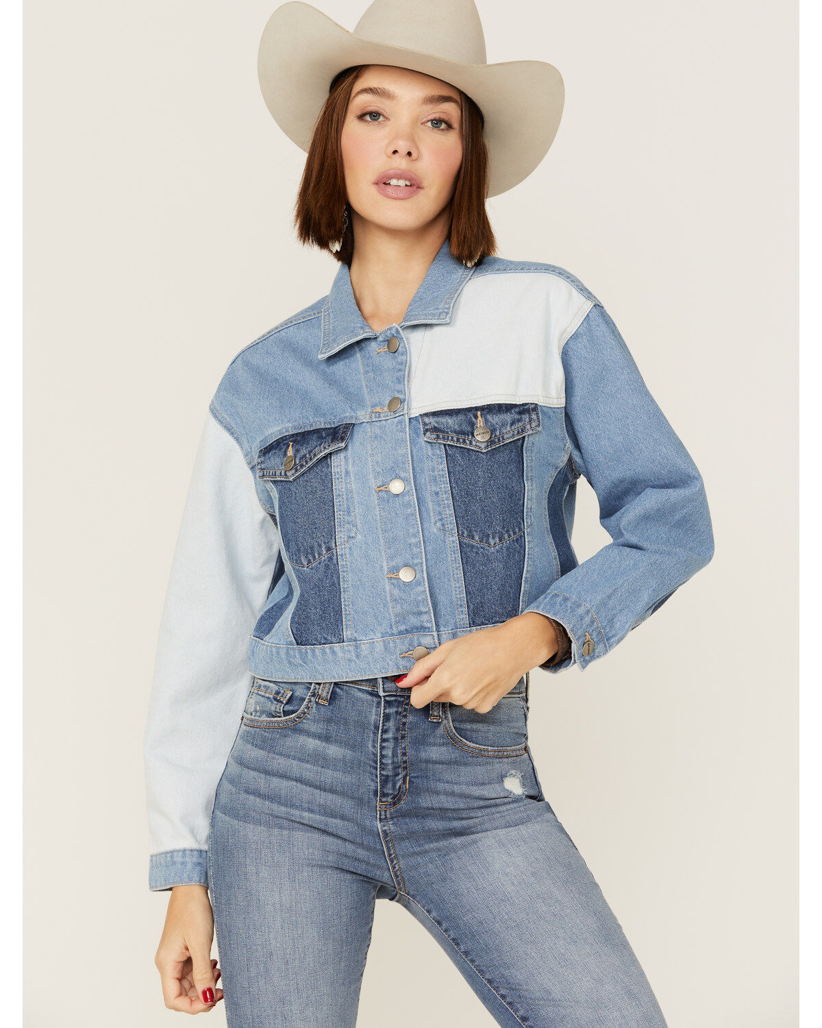 Women's Driftwood Colorblock Cropped Denim Jean Jacket