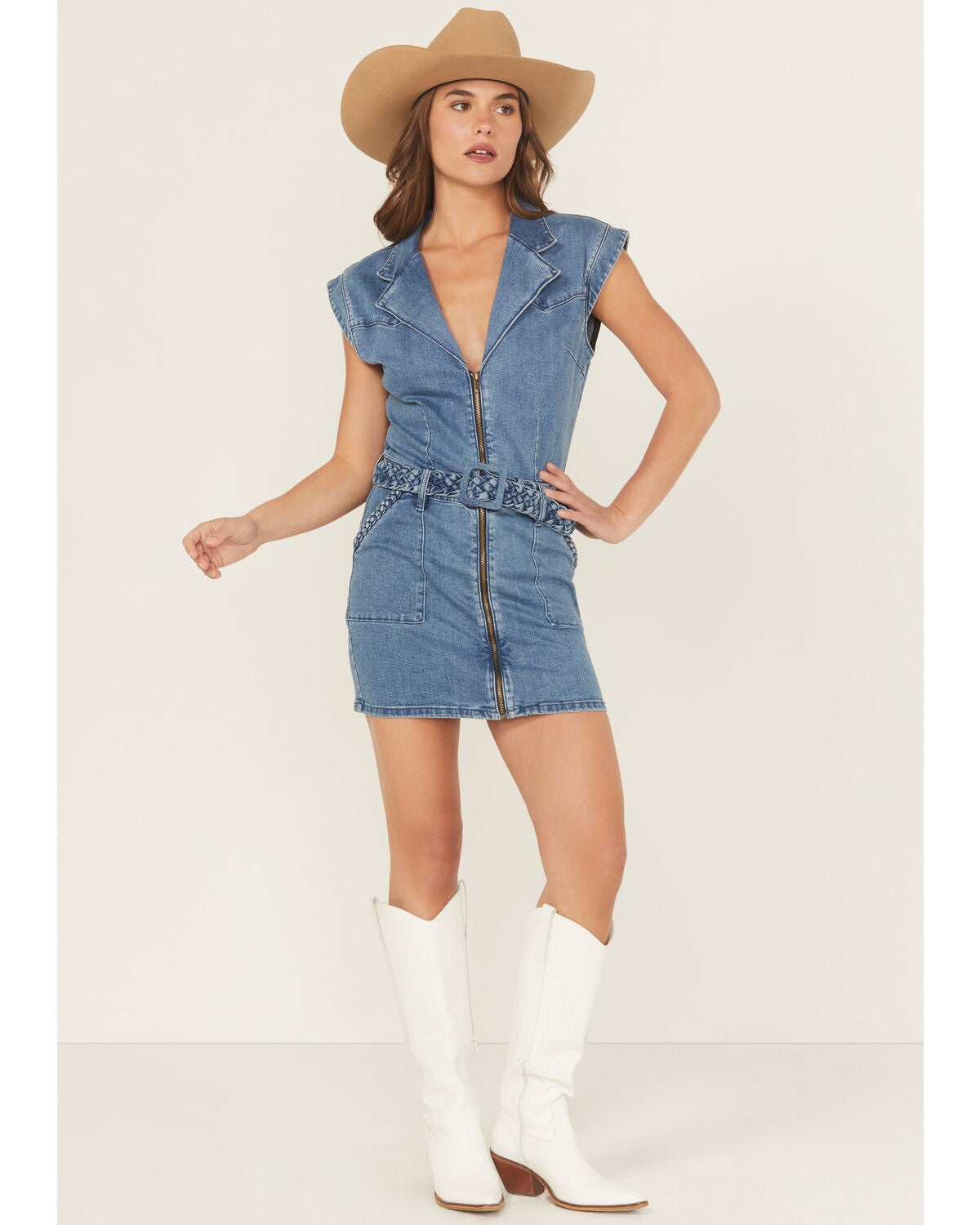 Women's Rock & Roll Denim Medium Wash Braided Short Sleeve Denim Mini