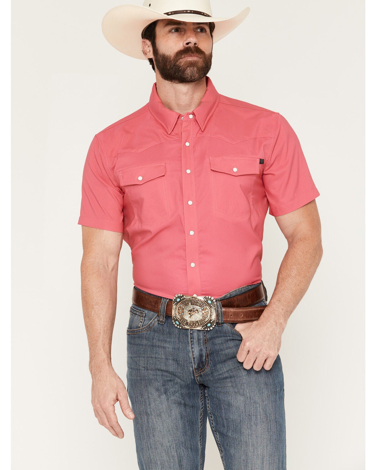 Men's Rock & Roll Denim Tek Solid Short Sleeve Snap Stretch Western Sh