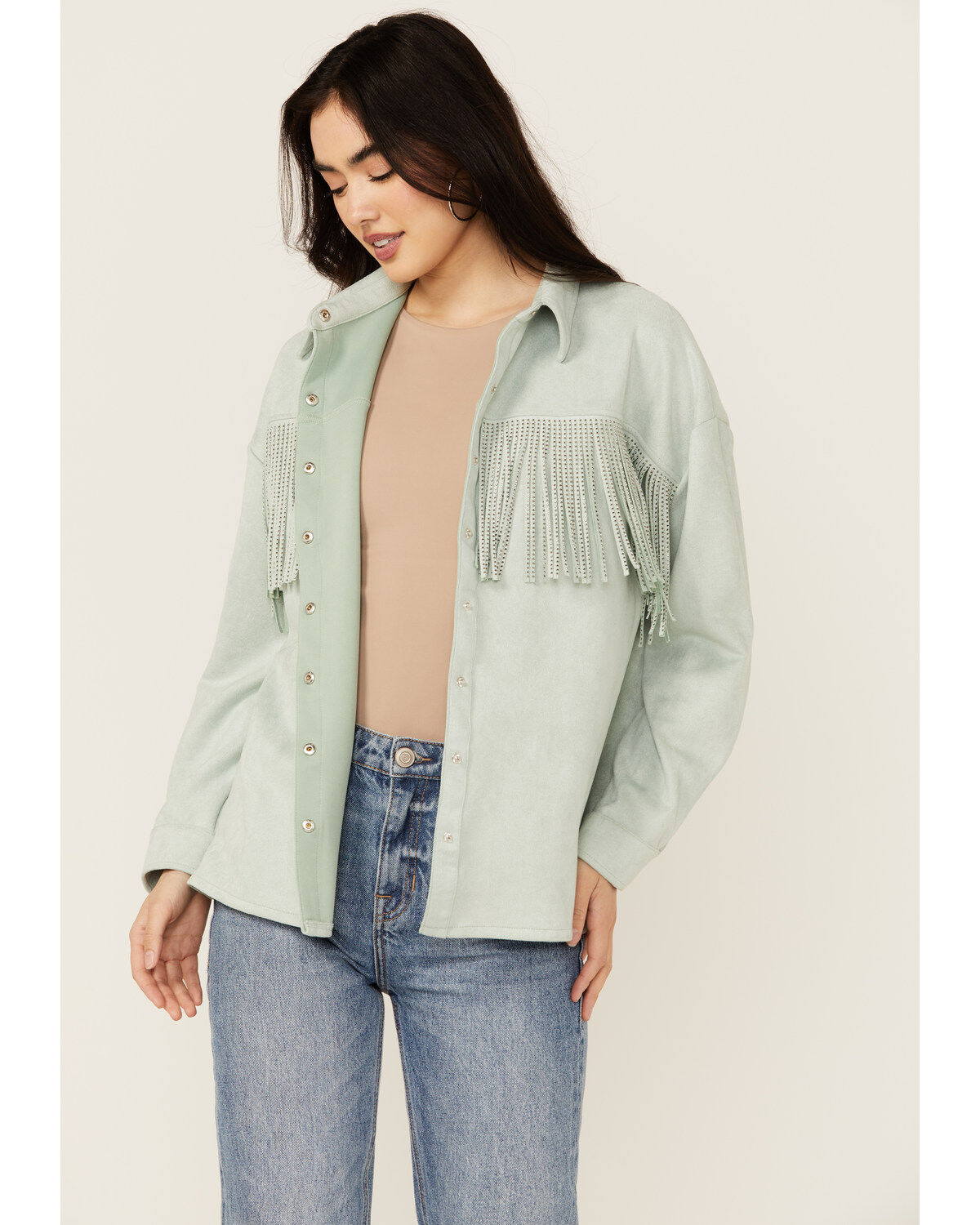 Women's Rock & Roll Denim Faux Suede Front Fringe Shacket