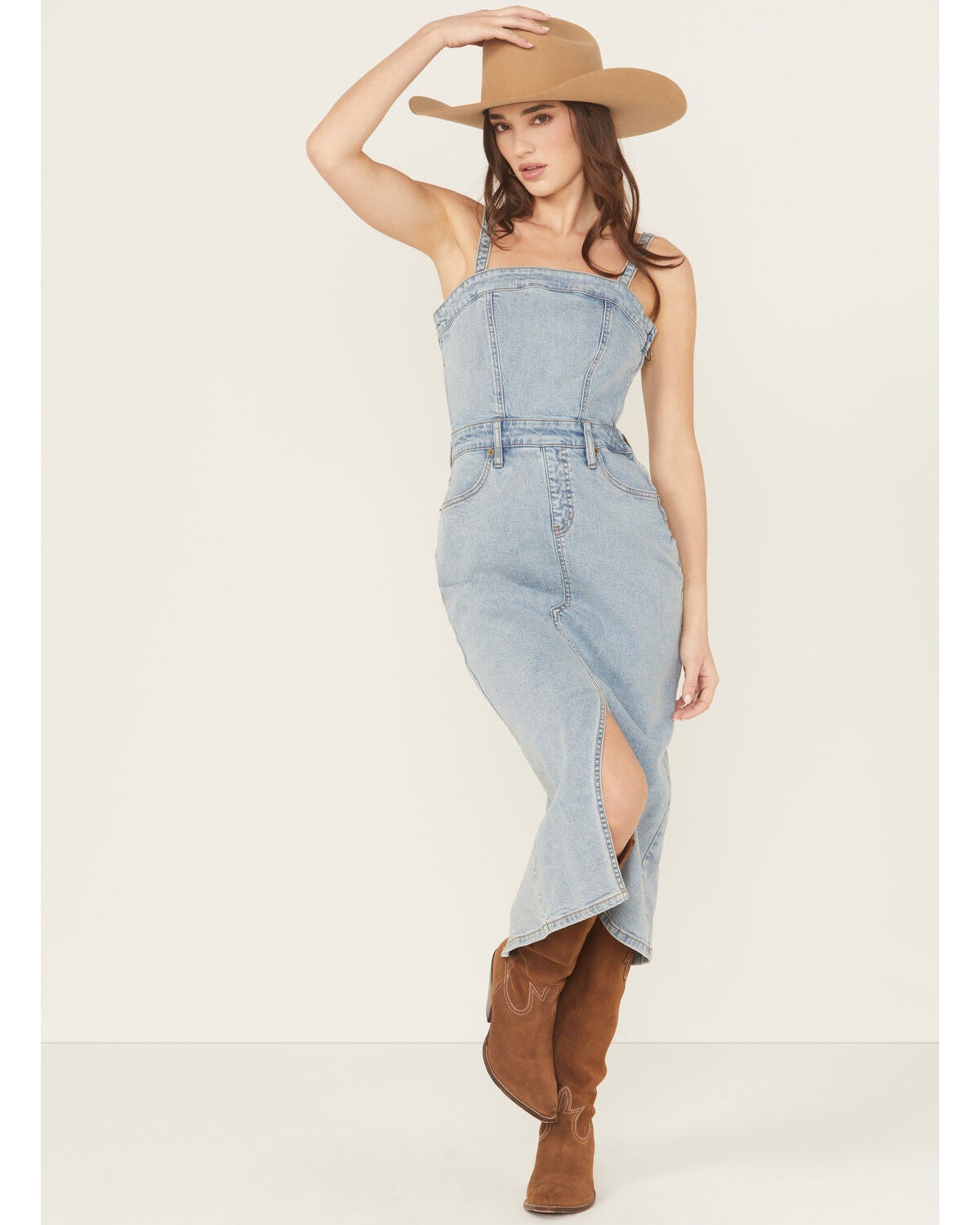 Women's Rock & Roll Denim Light Wash Detachable Strap Denim Midi Dress