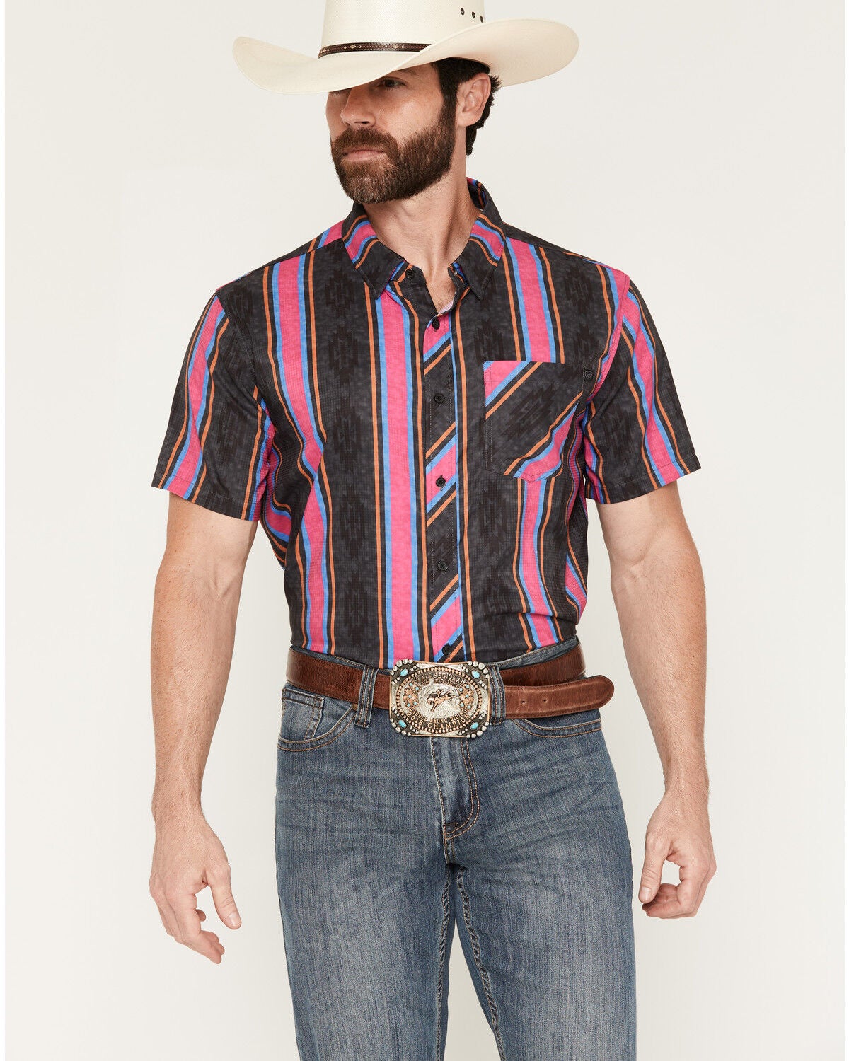 Men's Rock & Roll Denim TEK Southwestern Striped Short Sleeve Button-D