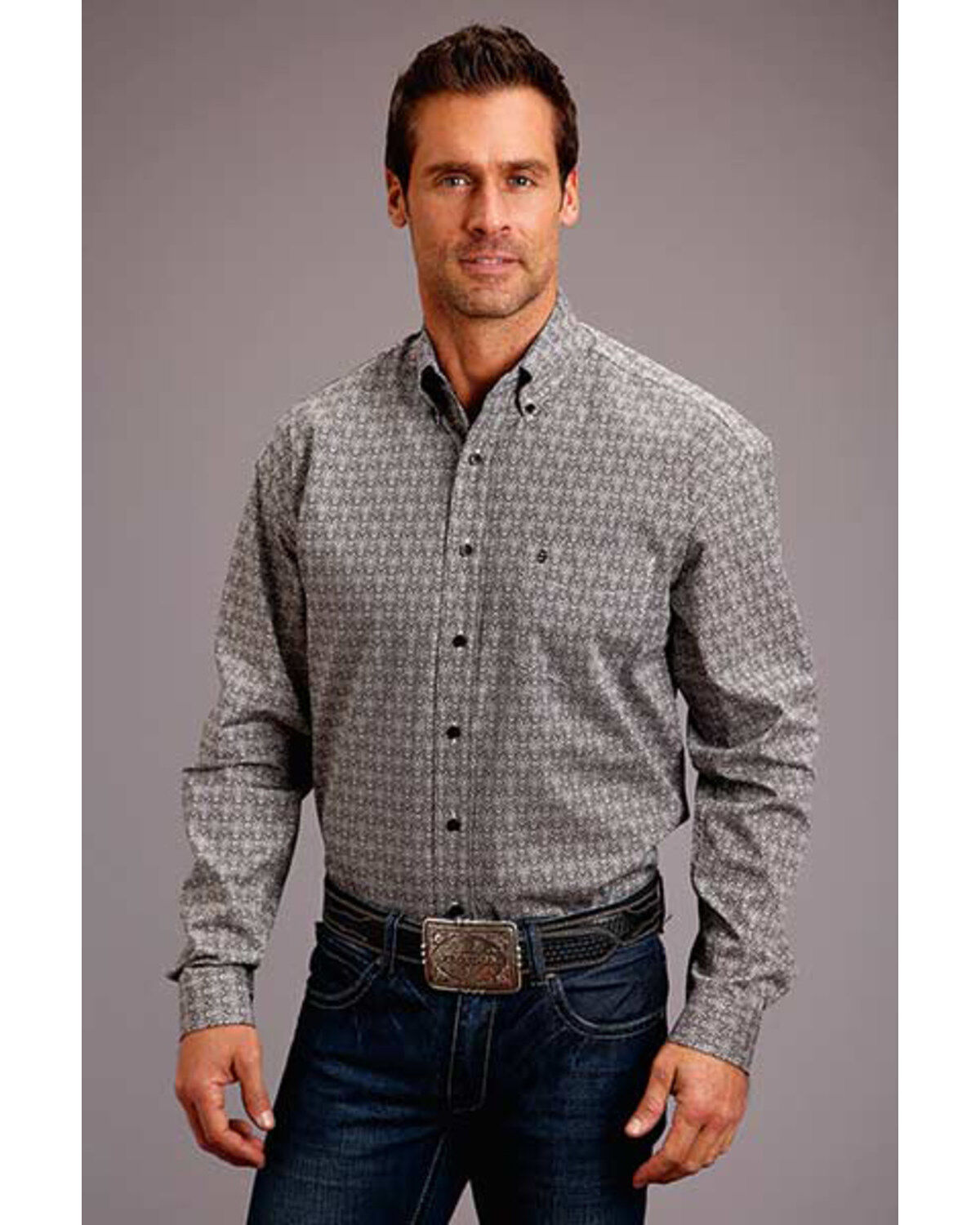 Men's Stetson Black Medallion Geo Print Long Sleeve Western Shirt