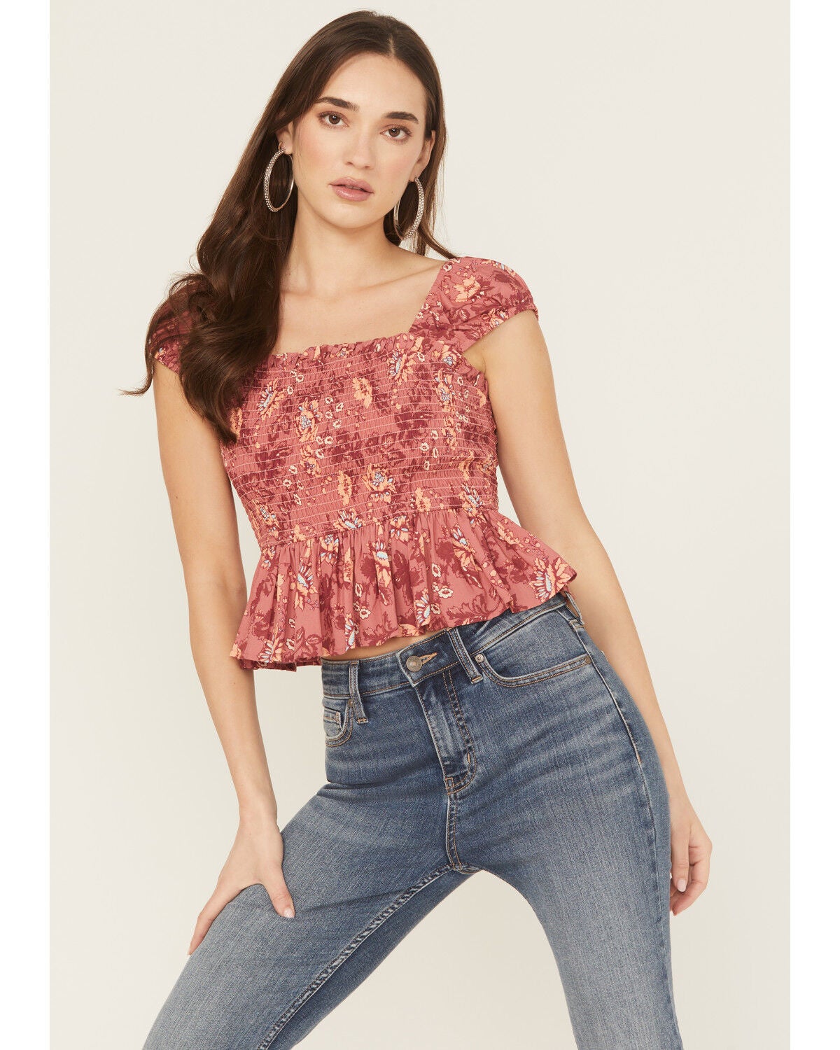 Women's Rock & Roll Denim Floral Print Sleeveless Smocked Top