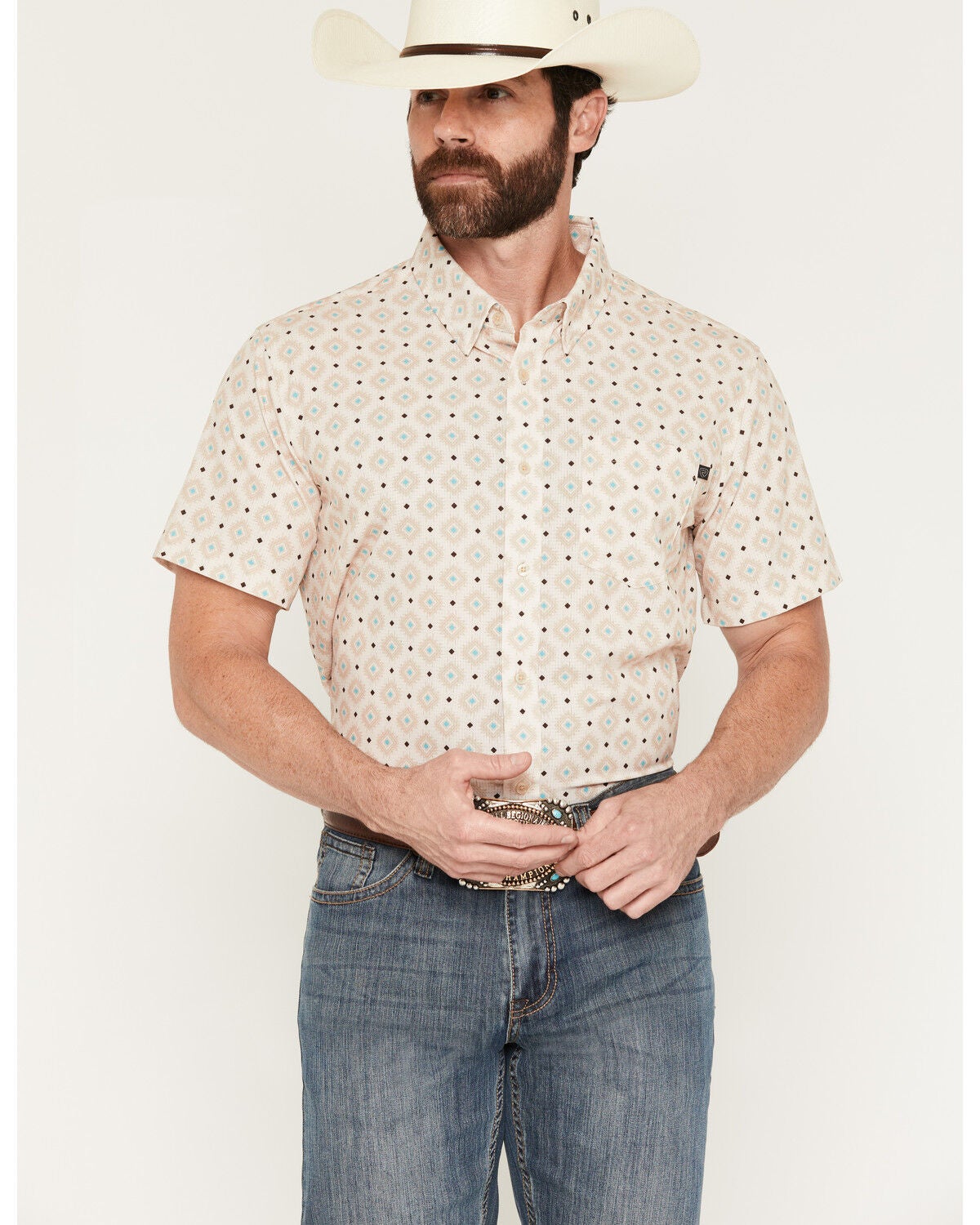 Men's Rock & Roll Denim TEK Medallion Print Short Sleeve Button-Down P