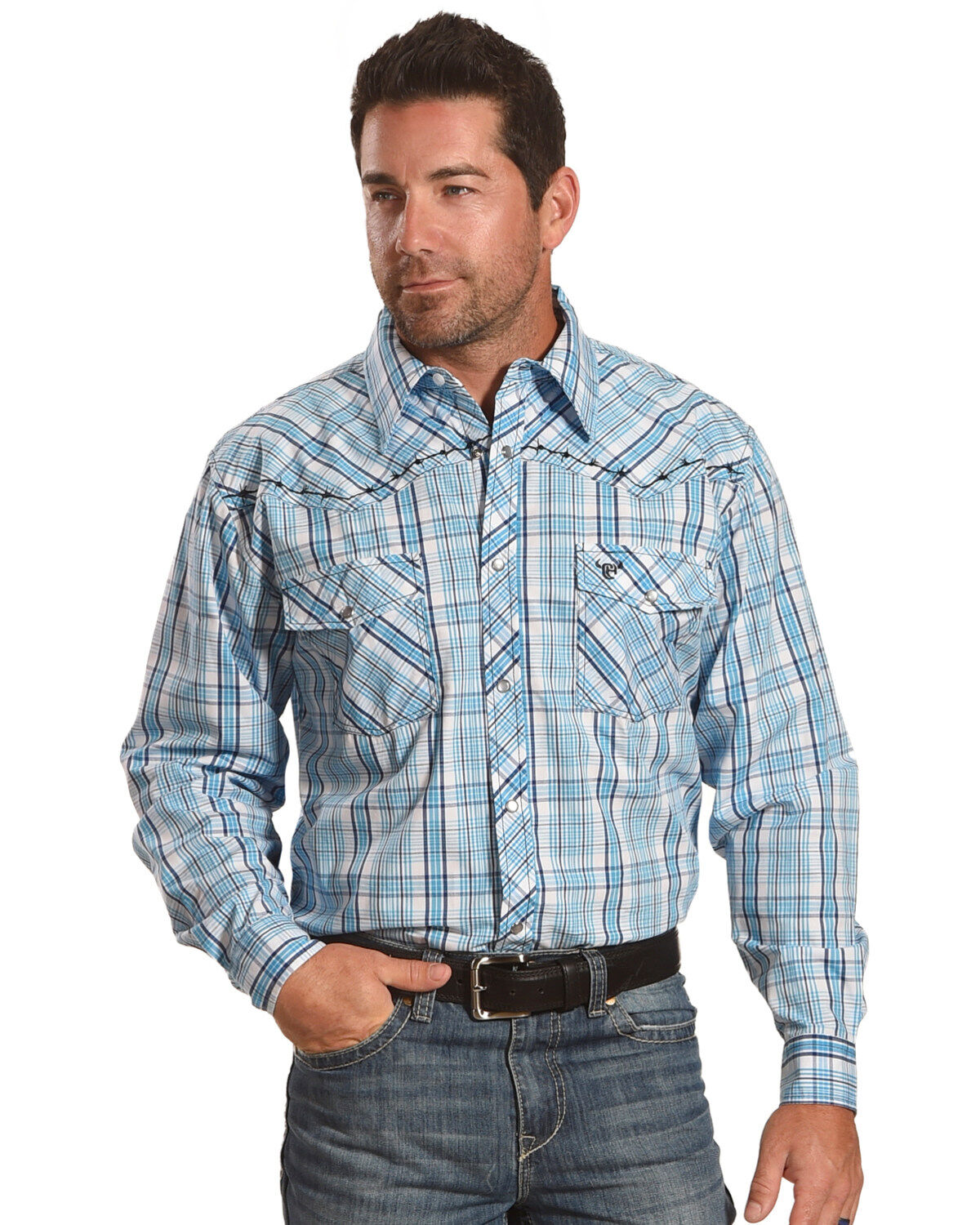 Men's Cowboy Hardware Picnic Plaid Print Long Sleeve Western Shirt