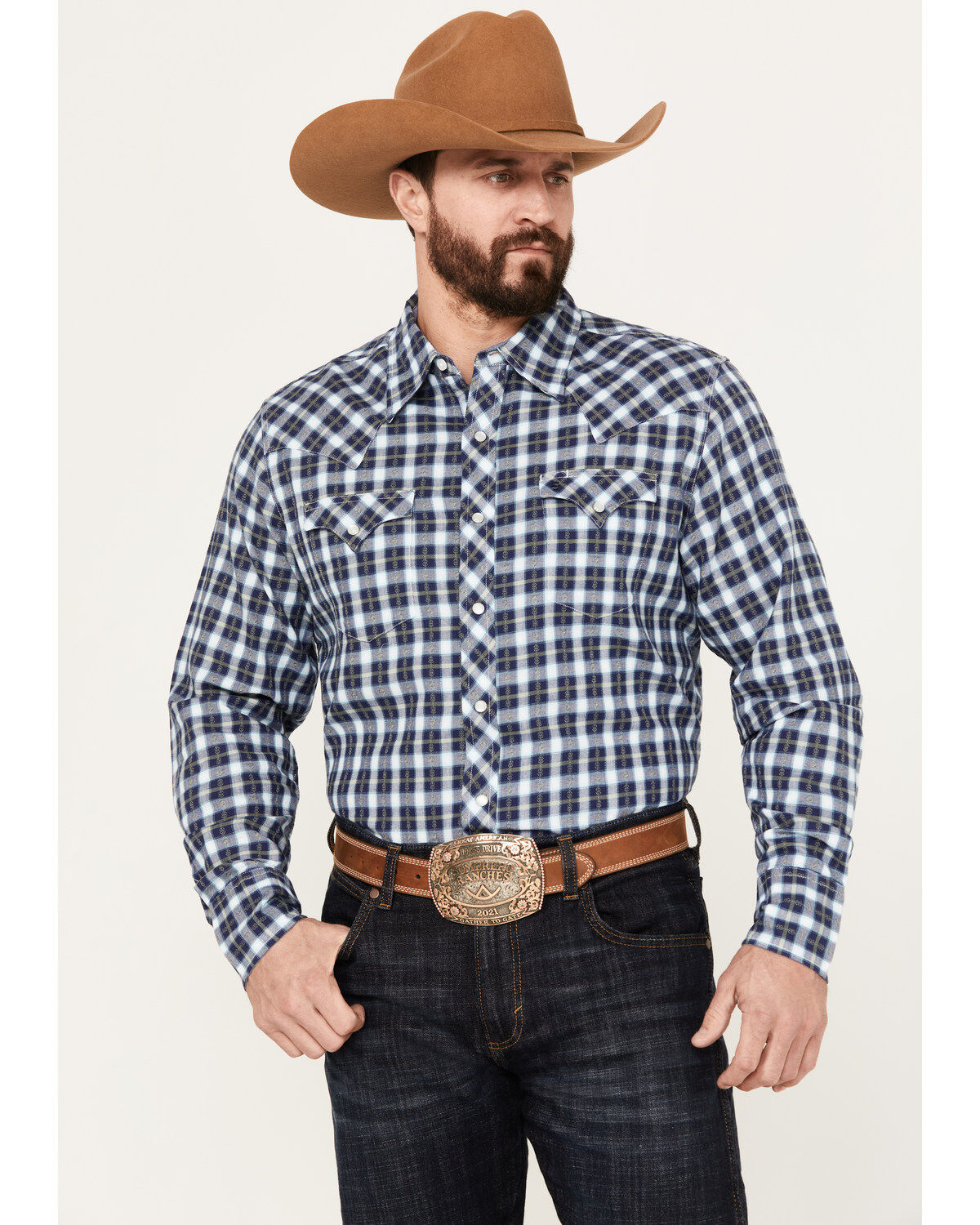 Men's Stetson Dobby Plaid Print Long Sleeve Western Pearl Snap Shirt