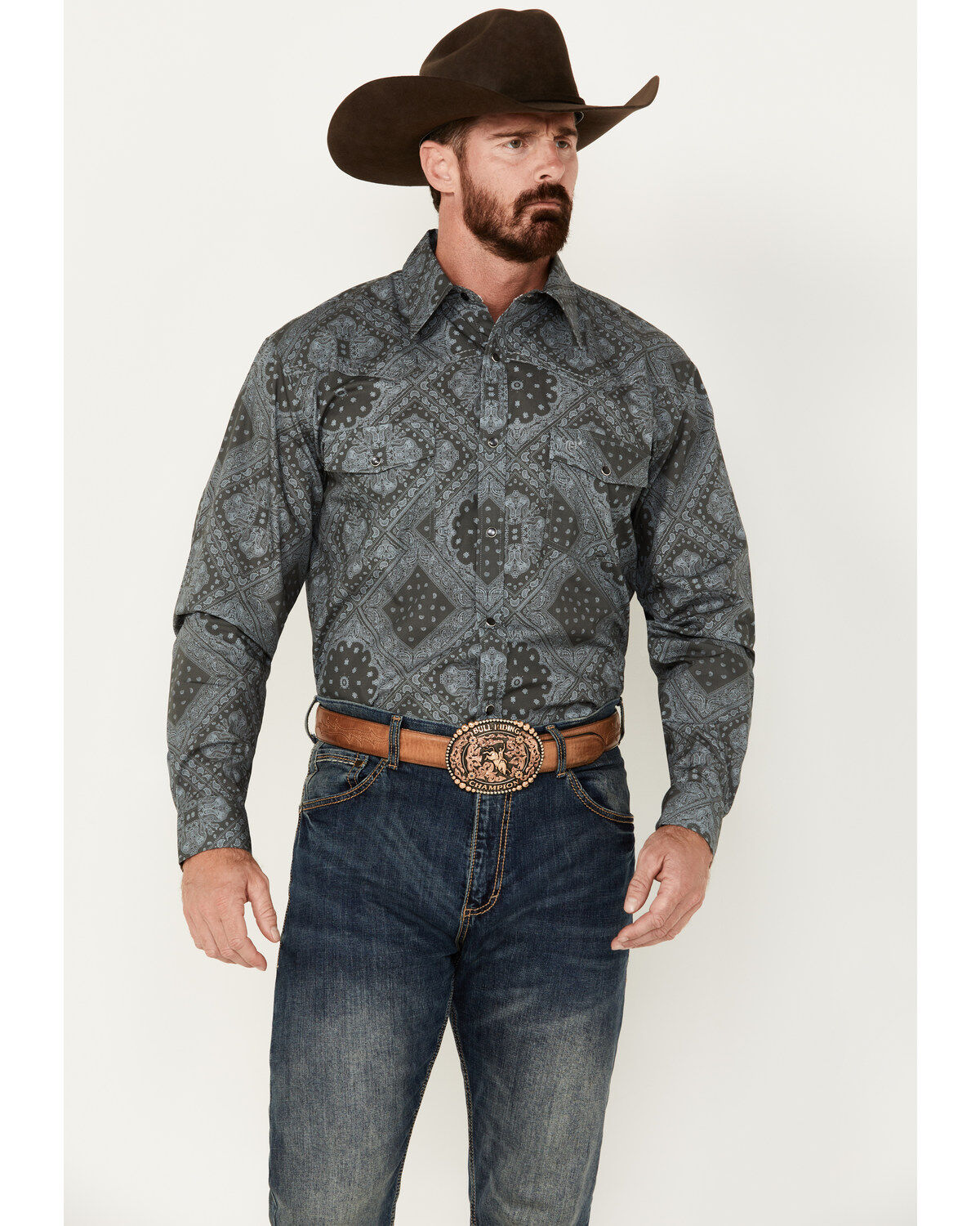 Men's Cowboy Hardware Bandana Print Long Sleeve Snap Western Shirt