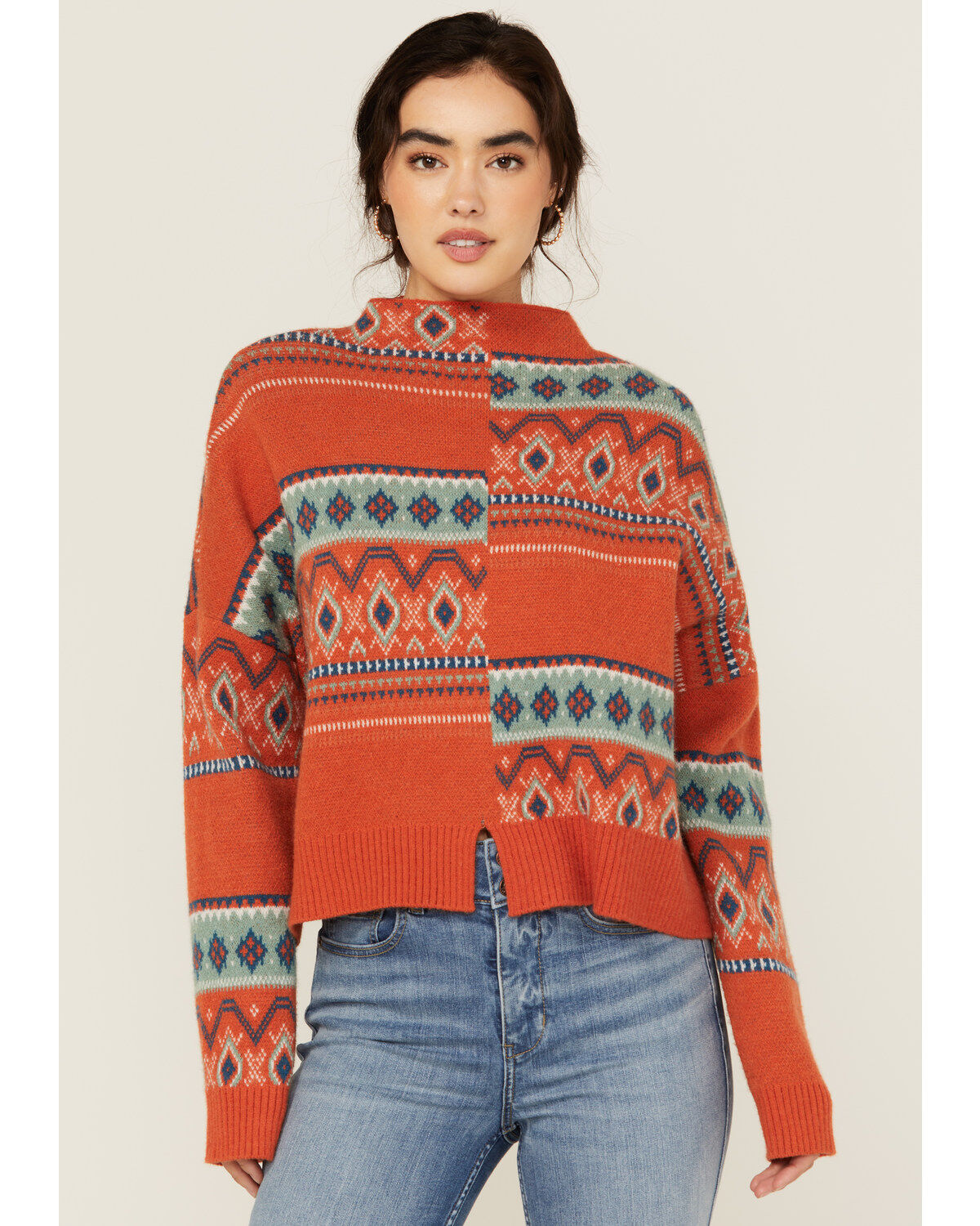 Women's Rock & Roll Denim Southwestern Patched Pullover Sweater