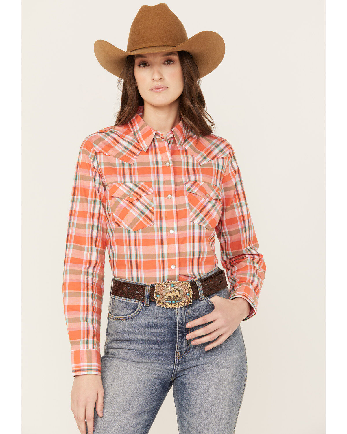 Women's Wrangler Plaid Print Long Sleeve Western Pearl Snap Shirt