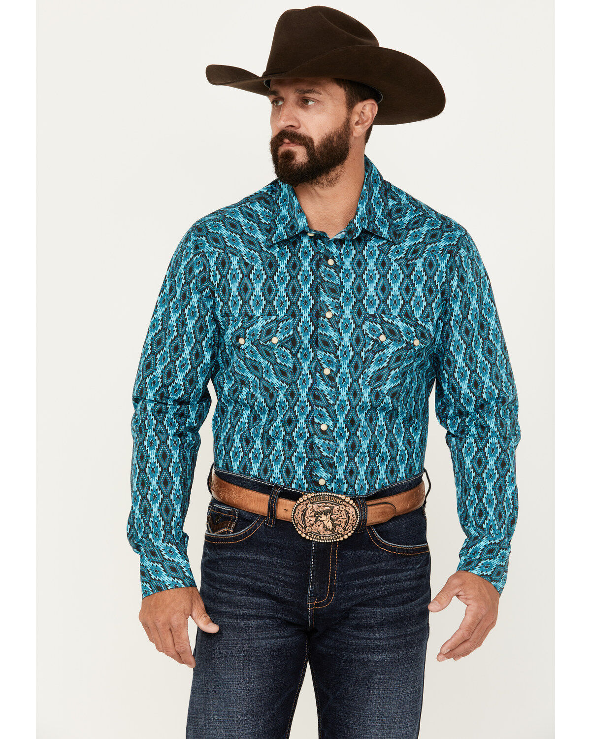 Men's Rock & Roll Denim Southwestern Print Vintage Stretch Western Shi