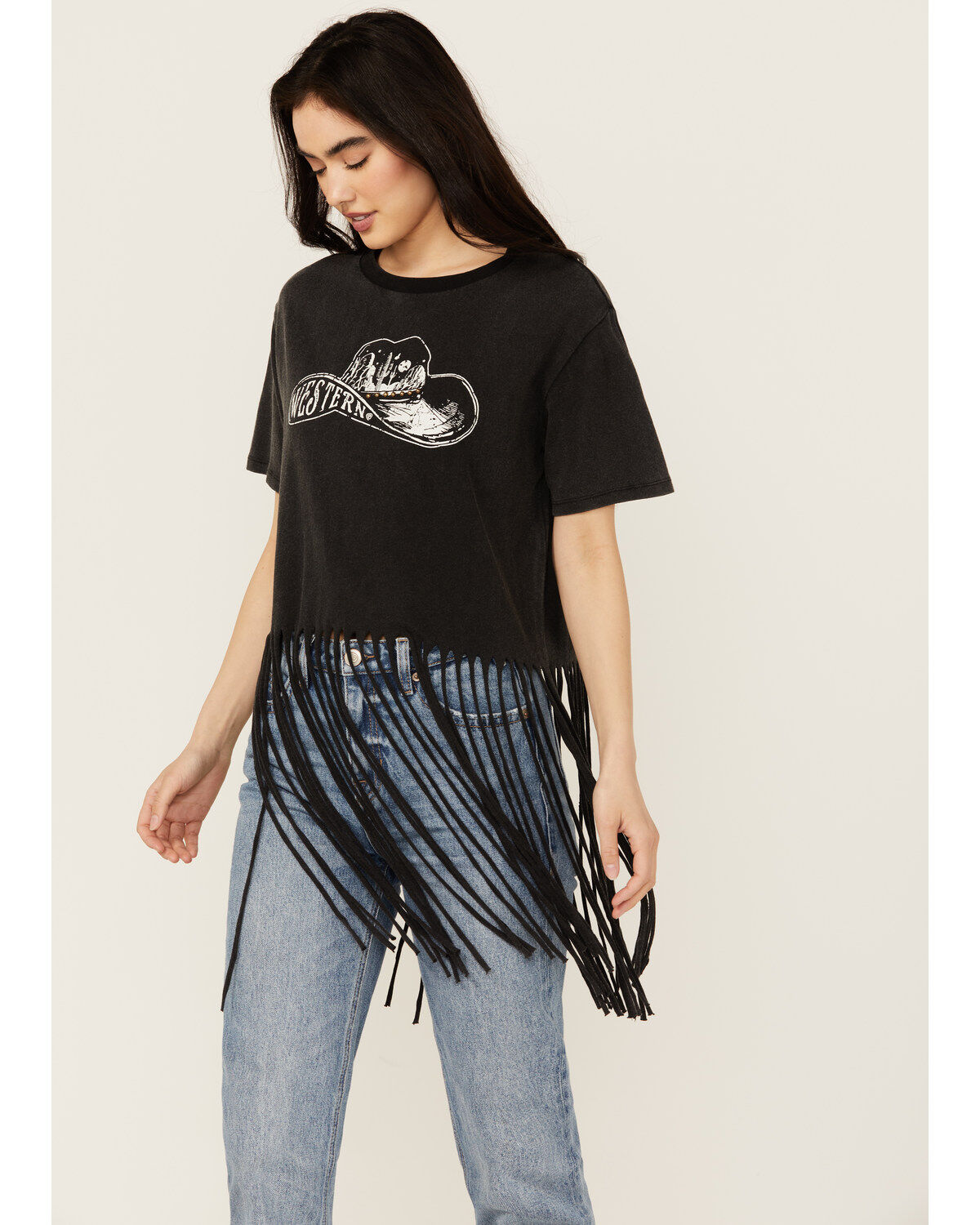 Women's Rock & Roll Denim Hat Short Sleeve Fringe Graphic Tee