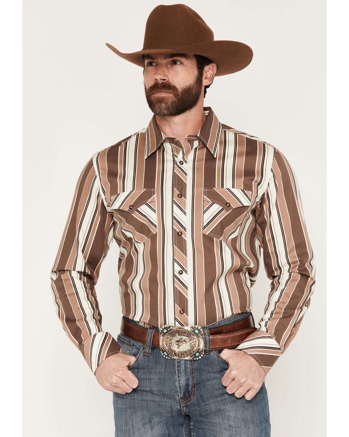 Men's Rock & Roll Denim Striped Long Sleeve Snap Stretch Western Shirt