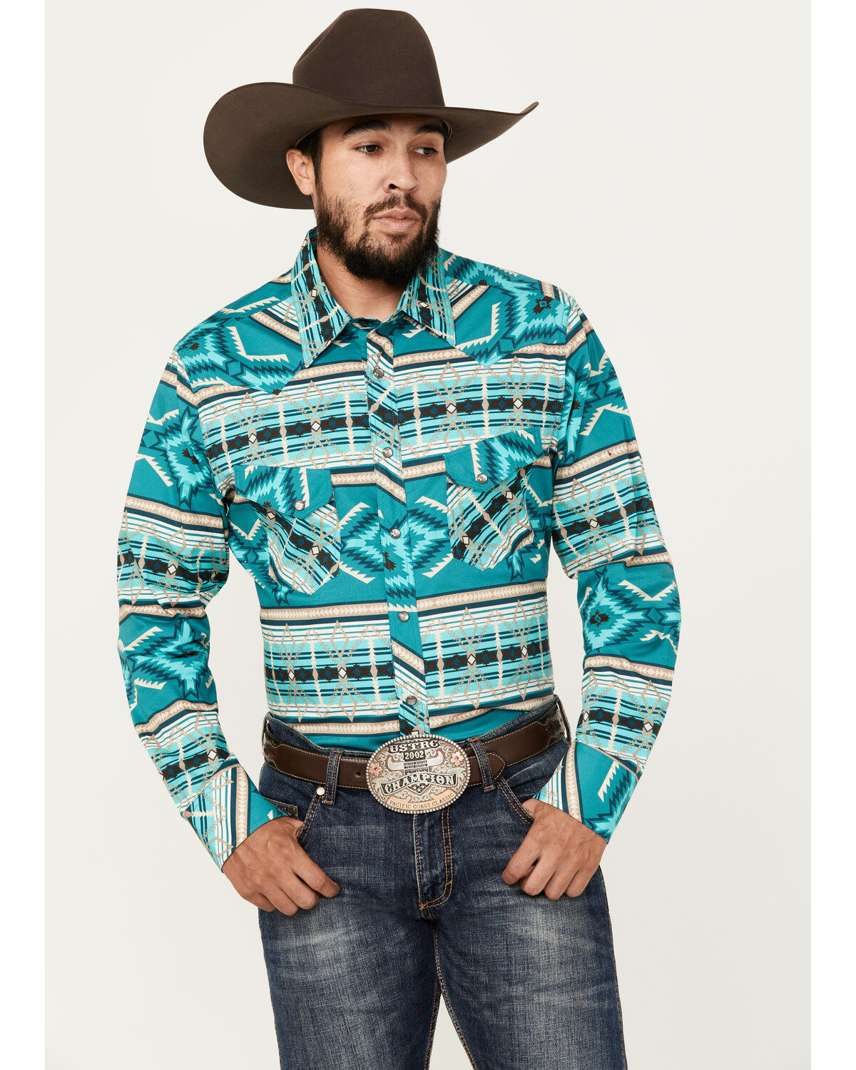 Men's Rock & Roll Denim Southwestern Print Long Sleeve Snap Stretch We