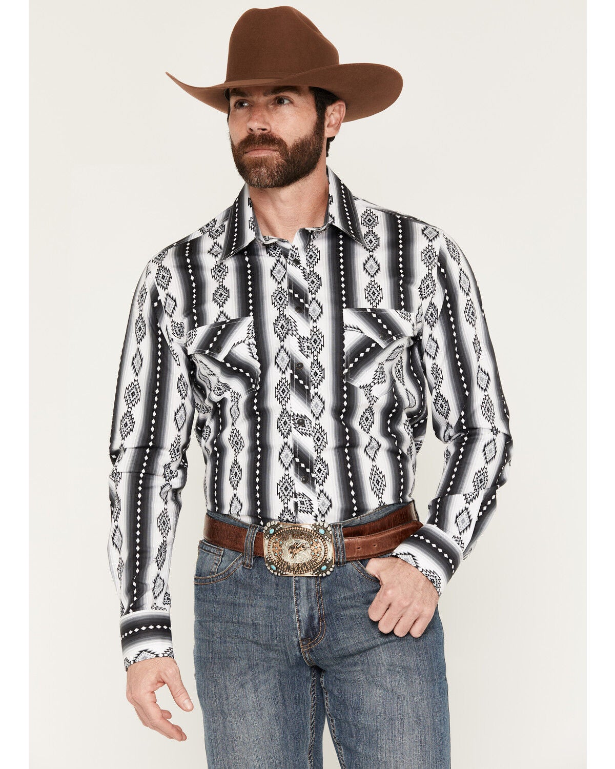 Men's Rock & Roll Denim Southwestern Print Long Sleeve Snap Stretch We