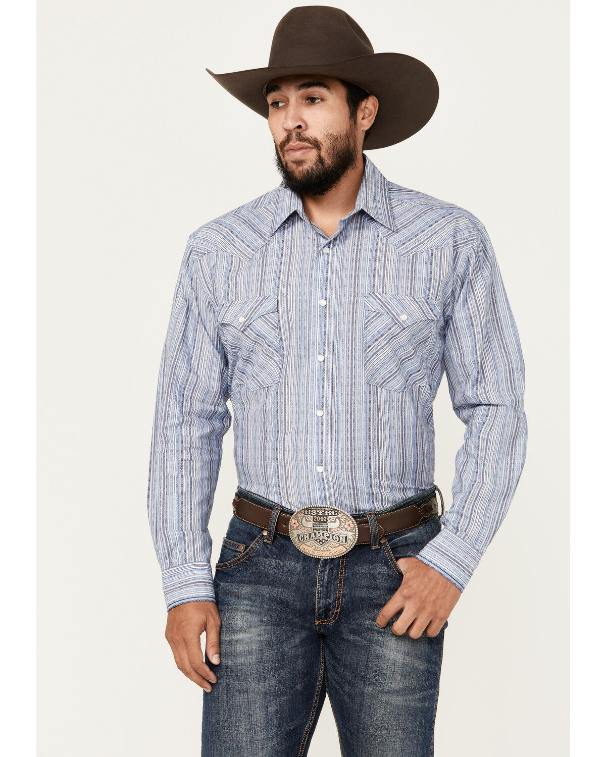 Men's Panhandle Rough Stock by Striped Long Sleeve Pearl Snap Stretch