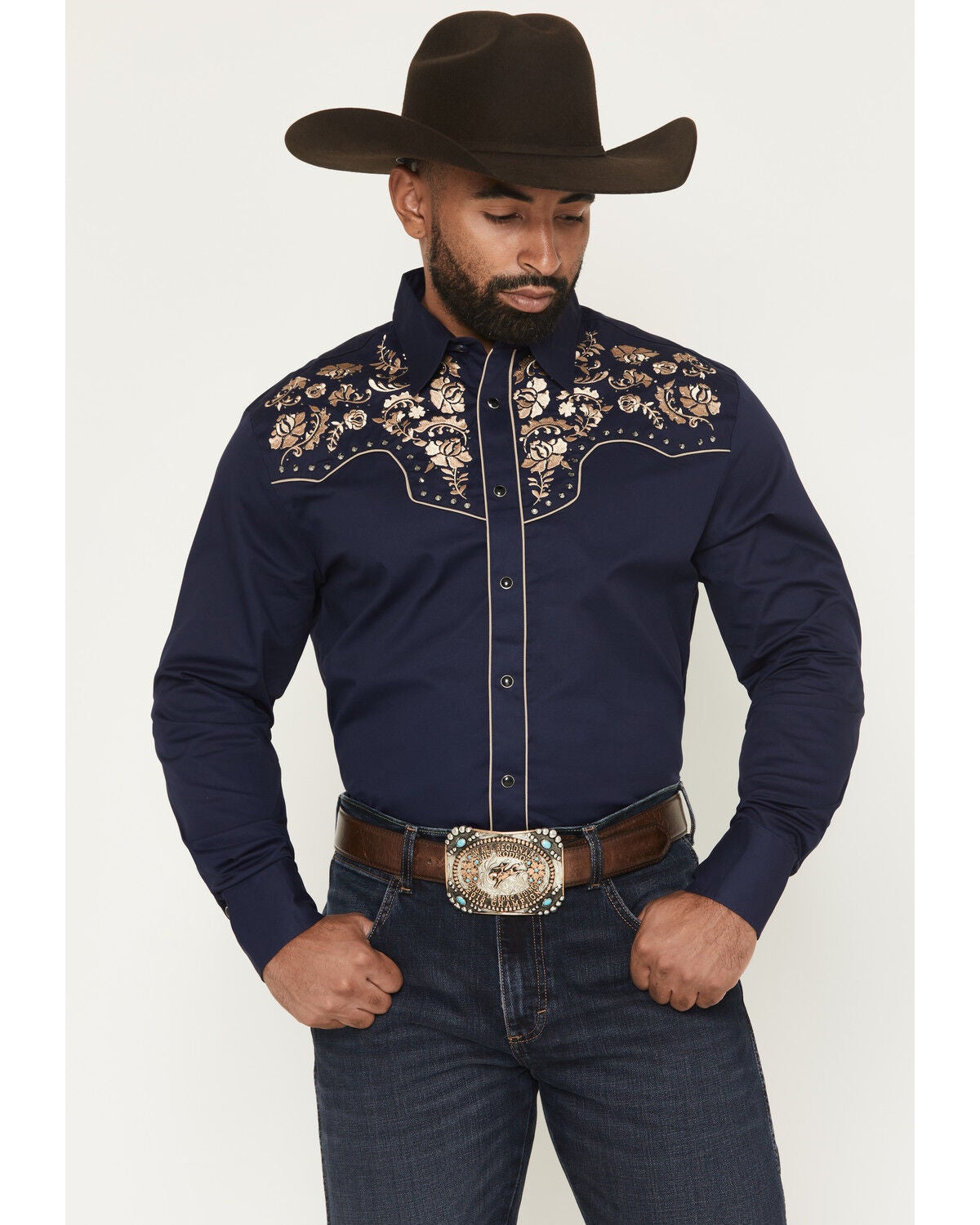 Men's Embroidered Long Sleeve Snap Western Shirt in Navy – Rodeo Floral Rhinestone Cowboy Shirt, Size Medium