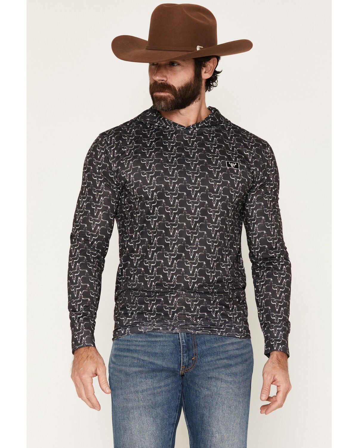Cowboy Hardware Hombre Skull Print Long Sleeve Hooded Shirt