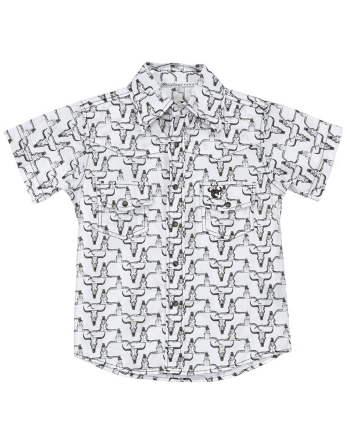 Boys' Cowboy Hardware Hombre Skull Print Short Sleeve Snap Stretch Wes