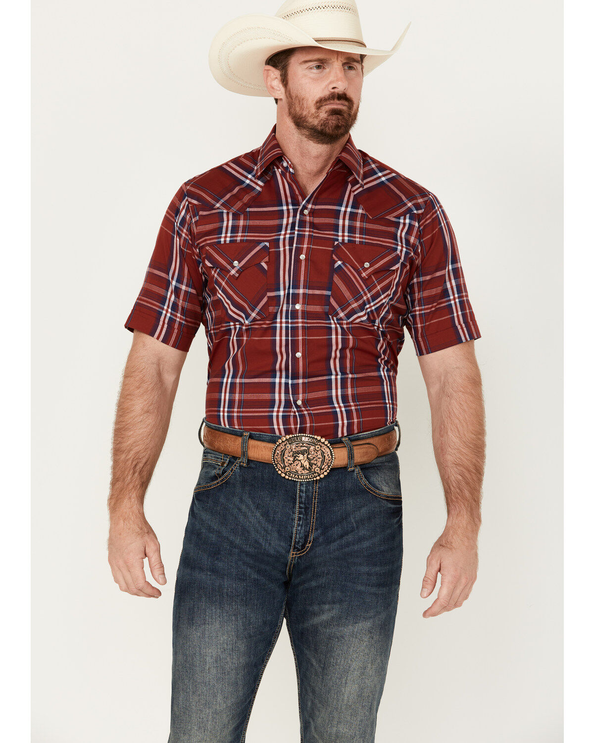Men's Ely Walker Plaid Print Short Sleeve Pearl Snap Western Shirt