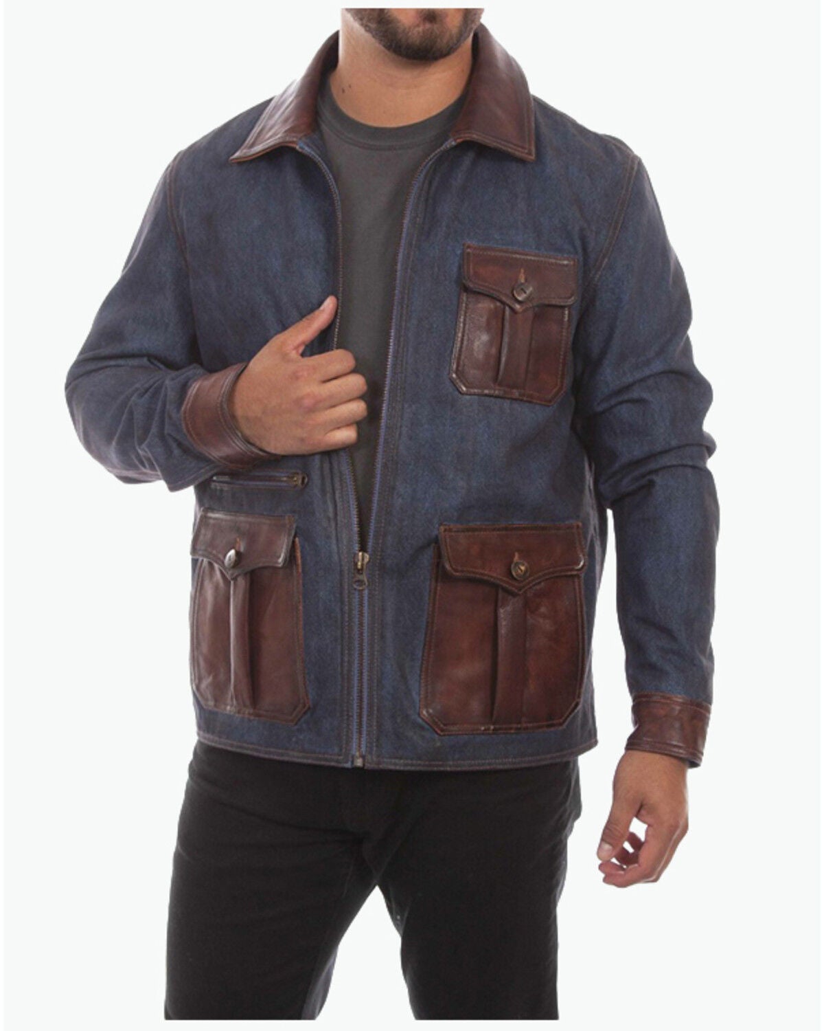 Men's Scully Denim And Leather Trim Zip-Up Jacket