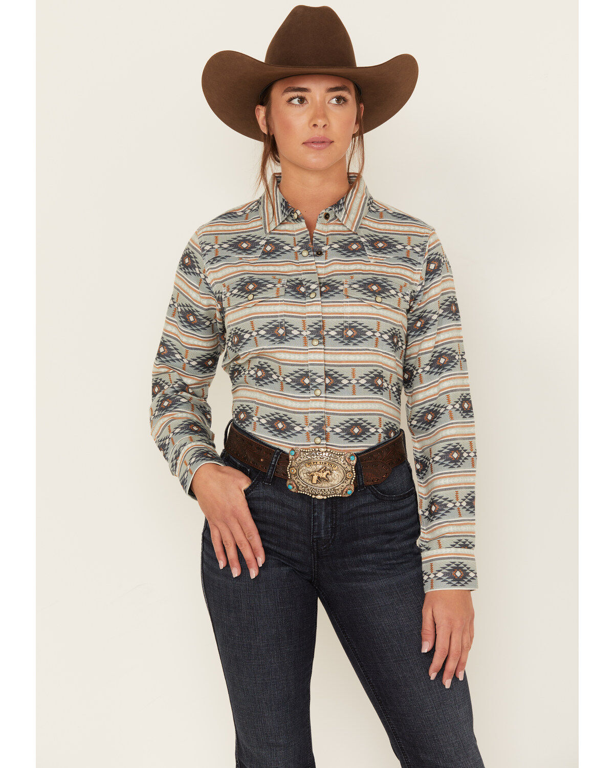 Women's Ariat R.E.A.L. Southwestern Stripe Print Long Sleeve Snap Cree