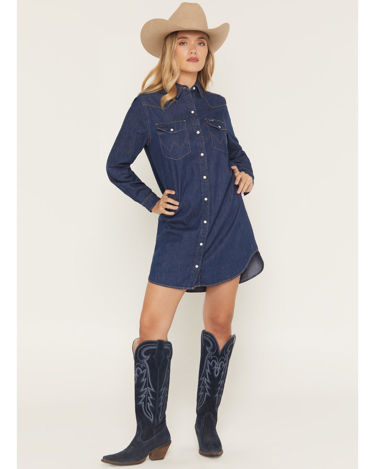 Women's Wrangler Dark Wash Long Sleeve Western Denim Mini Shirt Dress