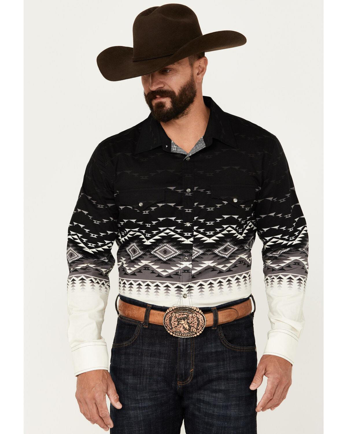 Men's Rock & Roll Denim Southwestern Print Long Sleeve Snap Stretch We