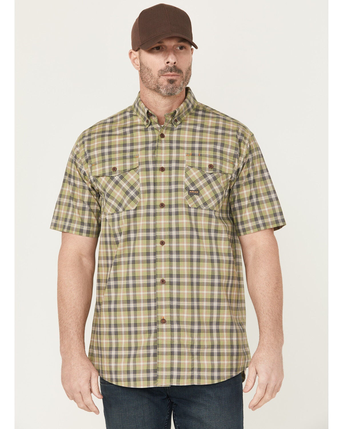 Men's Ariat Rebar Made Tough Short Plaid Print Sleeve Button-Down Stre