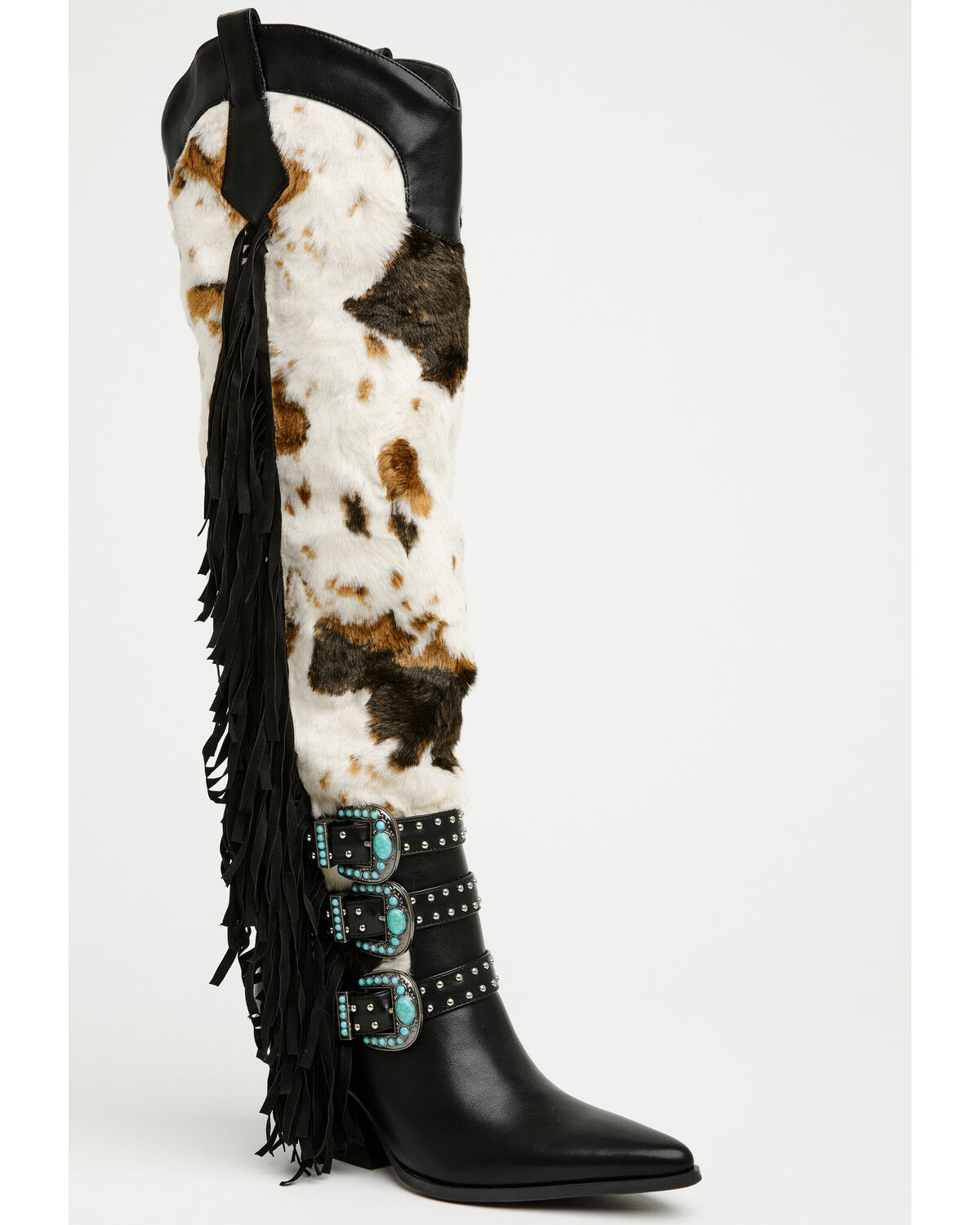 Women's Azalea Wang Gwayne Faux Fur Buckle Fringe Tall Fashion Boots -