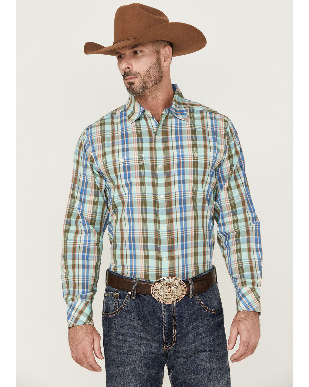 Men's Resistol Hampton Plaid Print Long Sleeve Button Down Western Shi